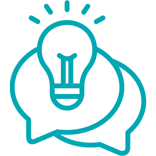 Icon of speech bubbles and a lightbulb illuminating